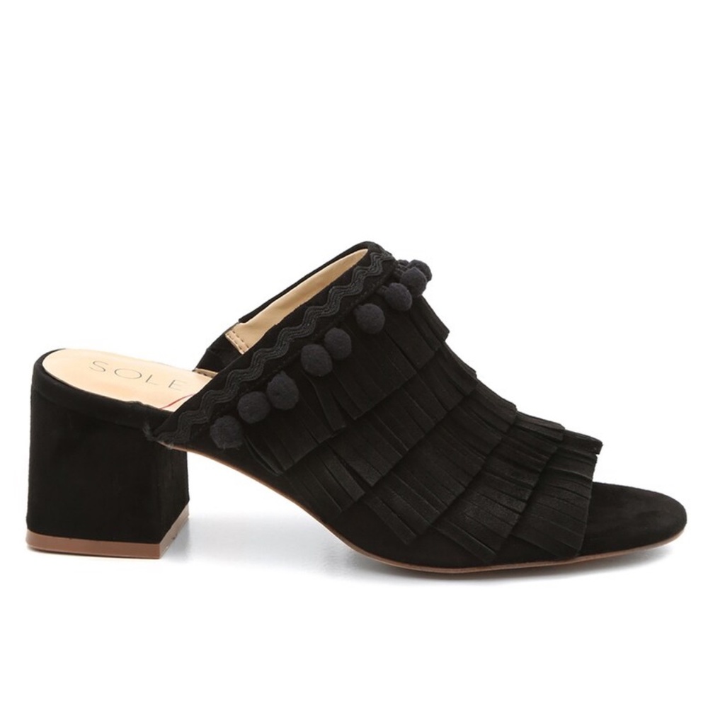 Sole Society Harriet Slip On Mule Sandals Fringe Pom Pom Tassel Suede Black 7.5